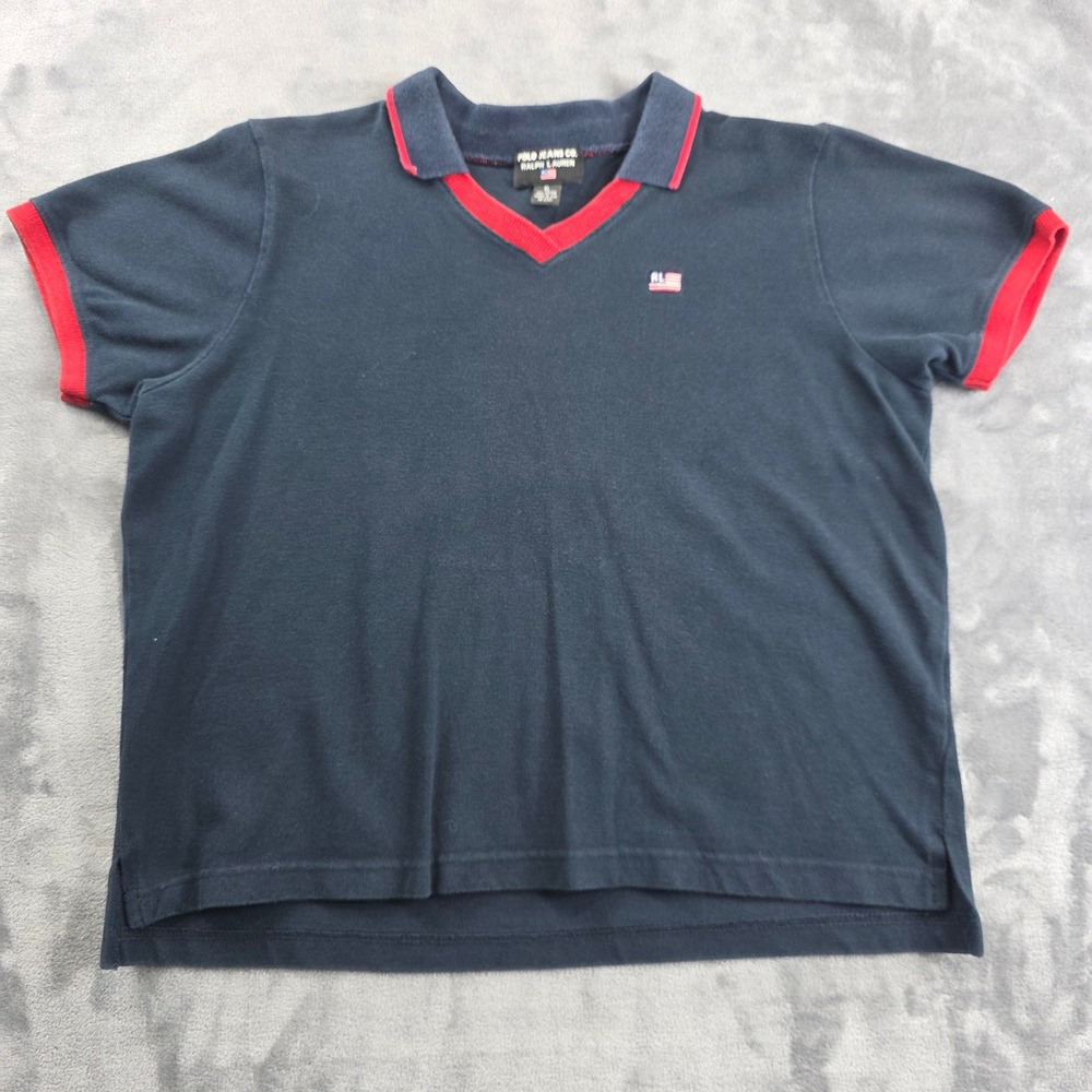 Vintage Polo Jeans Co Ralph Lauren Polo Shirt Women XL Navy Blue V-Neck USA Made